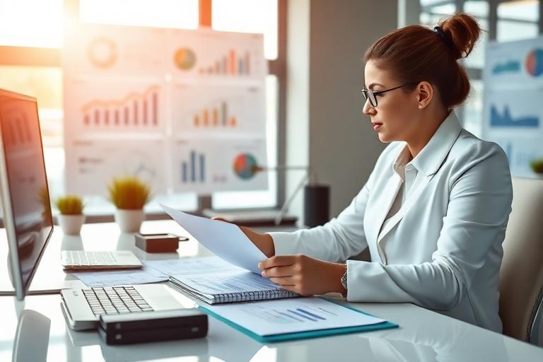 Consultante analysant des rapports financiers en entreprise