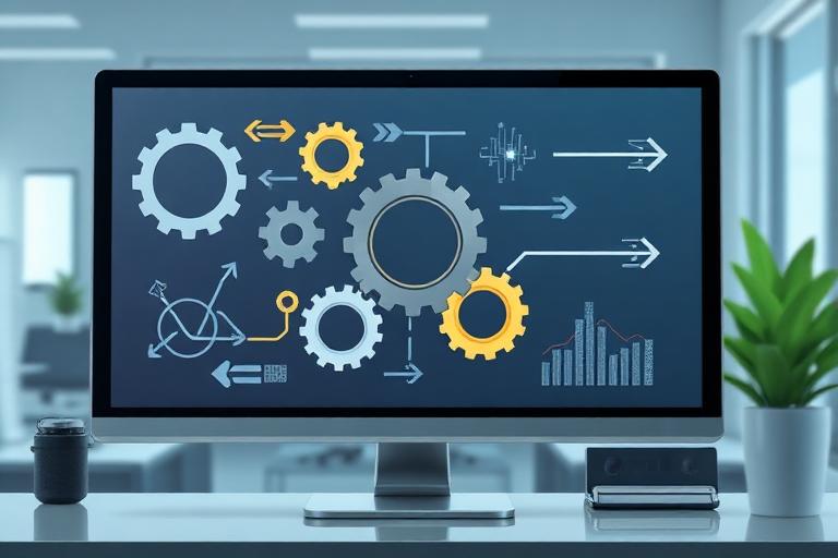 Écran montrant des engrenages et workflows automatisés